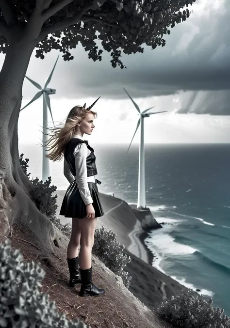 arafed girl standing on a cliff overlooking the ocean and wind turbines