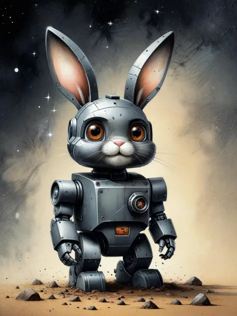 a cartoon rabbit robot standing in the desert with a space background