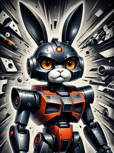 a close up of a cartoon rabbit robot with a gun