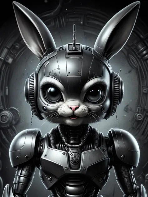 a close up of a robot bunny with a cat face