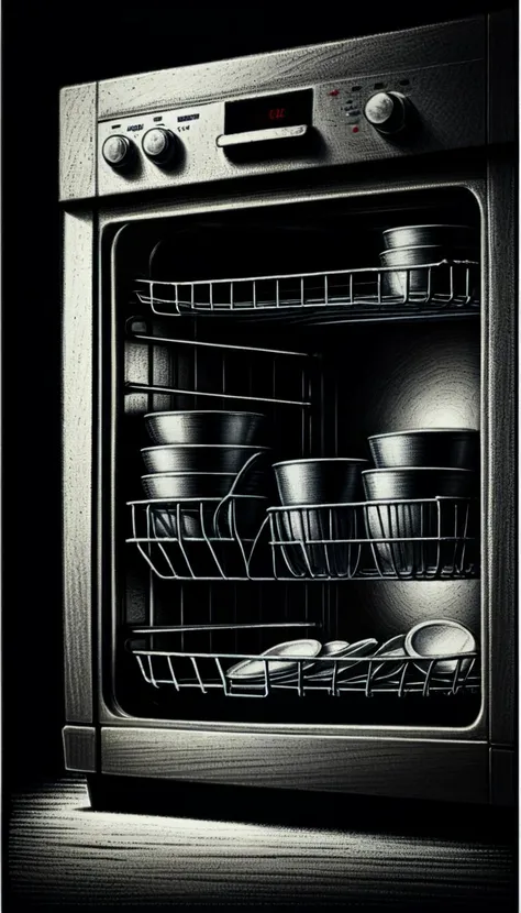 monochrome greyscale noise grainy dirty charcoal drawing of <lora:CharcoalDarkStyleXL:1>CharcoalDarkStyle Dishwasher dark black background black vignette