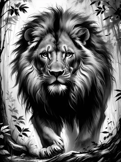 a black and white drawing of a lion in the woods