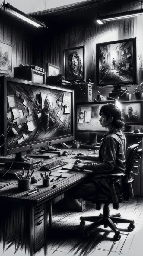 <lora:CharcoalDarkStyle:1> CharcoalDarkStyle an IT office, teams working on multiple projects on dual-monitor setups, Charcoal sketch, rough, dark, black background, (Masterpiece:1.3) (best quality:1.2) (high quality:1.1)