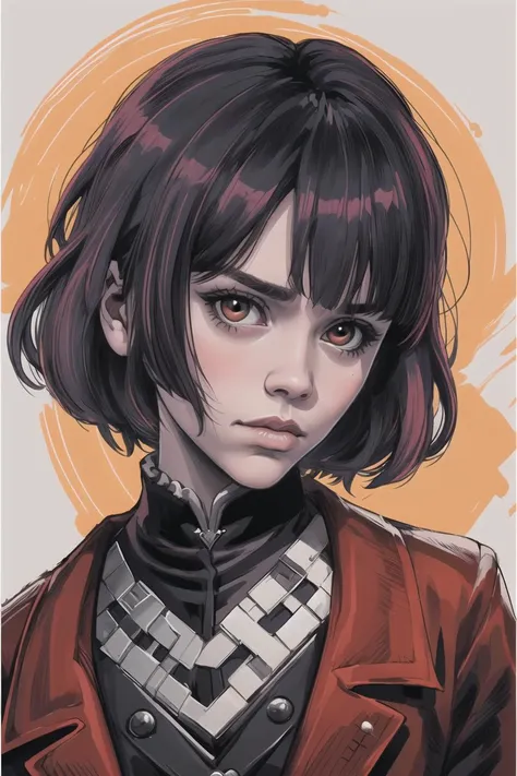 a drawing of a woman with a red jacket and a black and white checkered shirt