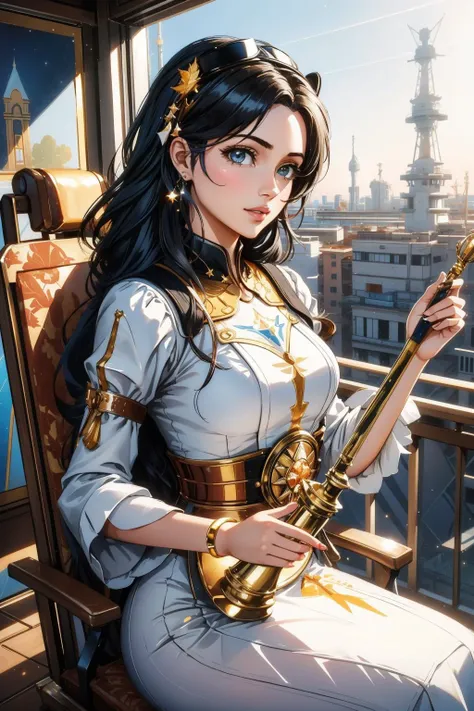 a woman in a white dress holding a sword on a balcony