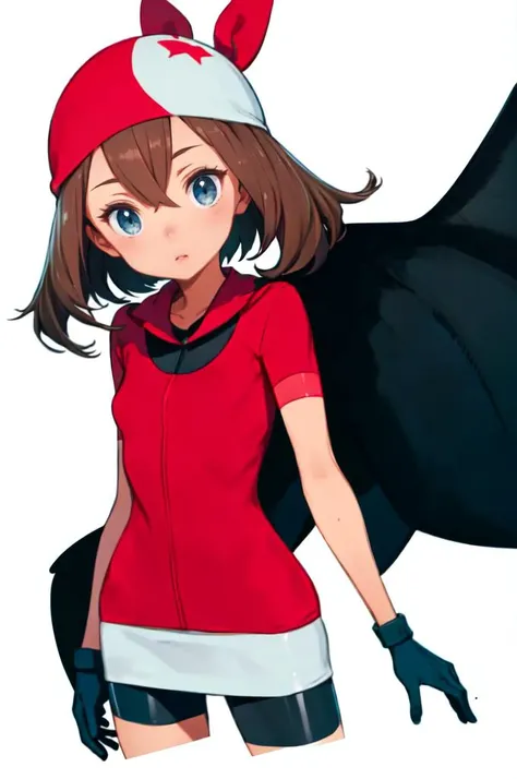 <lora:PKMN_May_Gen3_v1:1> pkmnmay, 1girl, blue eyes, brown hair, bangs, hair between eyes, red bandana, short sleeves, red jacket, wing collar, white skirt, black shorts, bike shorts, bike shorts under skirt, white gloves, black gloves, two-tone gloves, <l...