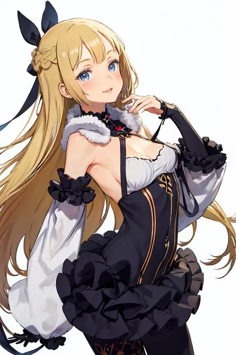 ultra detailed, masterpiece, best quality, solo, soft smile, light smile, white and blue theme,
1girl, blue eyes, very long hair, blonde hair, long blonde hair, french braid, bangs, medium breasts,
hair ribbon, frilled choker, criss-cross halter, sleeveles...