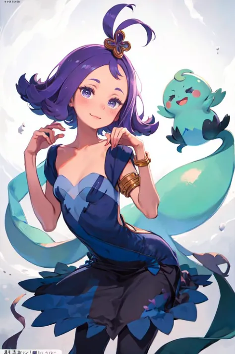 <lora:Acerola_Pokemon:0.8> acerola (pokemon), purple eyes, purple hair, topknot, flipped hair, collarbone, purple dress, sleeves, stitches,  multicolored dress, armlet,
smile, ghost pose, hands up,  leaning forward, straight-on,  <lora:kuroboshi_kouhaku_st...