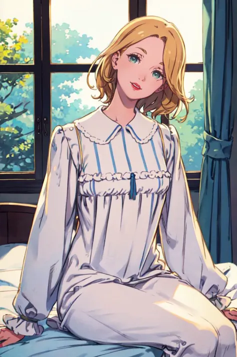 solo, smile, head tilt, looking at viewer, sitting on bed, <lora:CastlevaniaTera-v1:0.6> ChopioTera, green eyes, blonde hair, medium hair, lipstick, red lips, mature female, medium breasts, || outfit_2, white nightgown, puffy long sleeves, blue ribbon,  <l...