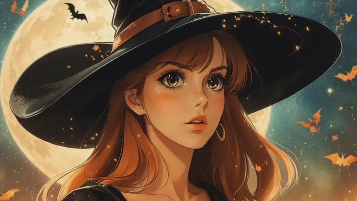 digital art, gorgeous (Girl:1.1) , dressed in Witch hat, UHD, Wide view, masterpiece, side lit, absurdres, arthouse,  close-up, <lora:Vintage_Anime:0.65> <lora:add-detail-xl:.70> <lora:Envious2-adamw-32:.6> <lora:RMSDXL_Creative:.5>