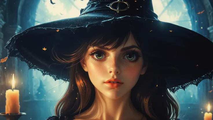 digital art, gorgeous (Girl:1.1) , dressed in Witch hat, UHD, Wide view, masterpiece, side lit, absurdres, arthouse,  close-up, <lora:Vintage_Anime:0.65> <lora:add-detail-xl:.70> <lora:Envious2-adamw-32:.6> <lora:RMSDXL_Creative:.5>