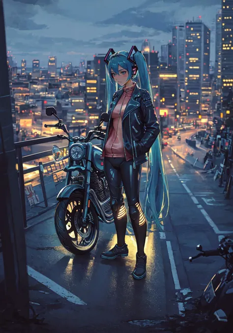 masterpiece, best quality, illustration, beautiful detailed
Hatsune miku, latex bodysuit, ((motorcycle)), leather jacket, city, wide angle, hands in pockets<lora:pasteldark:0.7>