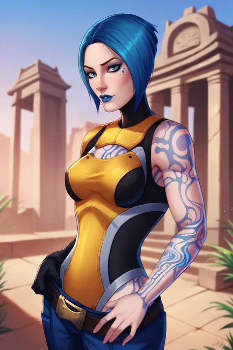 a woman with blue hair and tattoos standing in front of a building