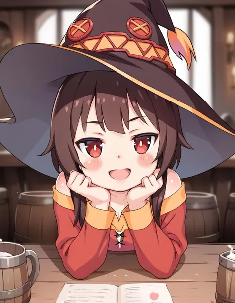 anime girl in a witch hat sitting at a table with a book