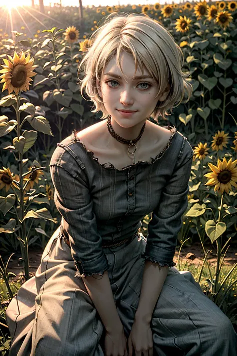 ((ultra detailed, masterpiece, best quality))
 <lora:Outlast2Val:0.8>
Outlast2Val, solo, short hair, sitting in a sunflower field, smiling, sunlight