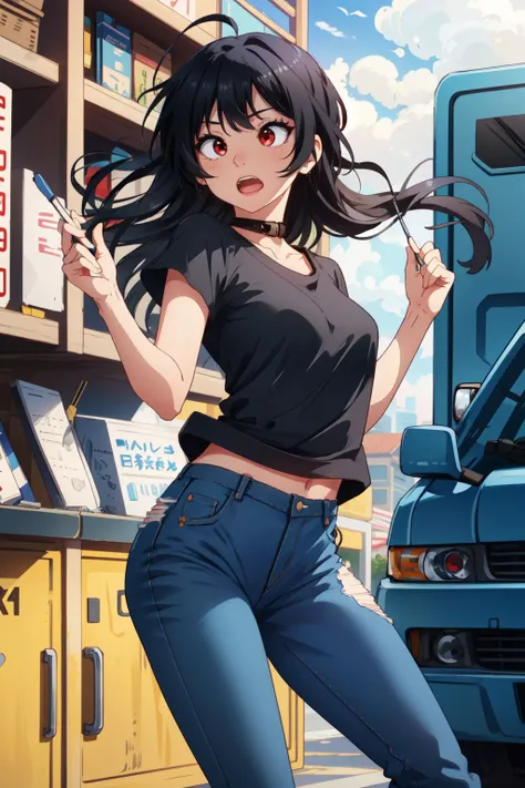 (masterpiece, best quality), intricate details, 
<lora:TokaTaka:0.8>, long hair, black hair, red eyes, cowlick, black t-shirt, denim, jeans, 
 <lora:asb-yorime:0.8> open mouth, looking at viewer, shocked,