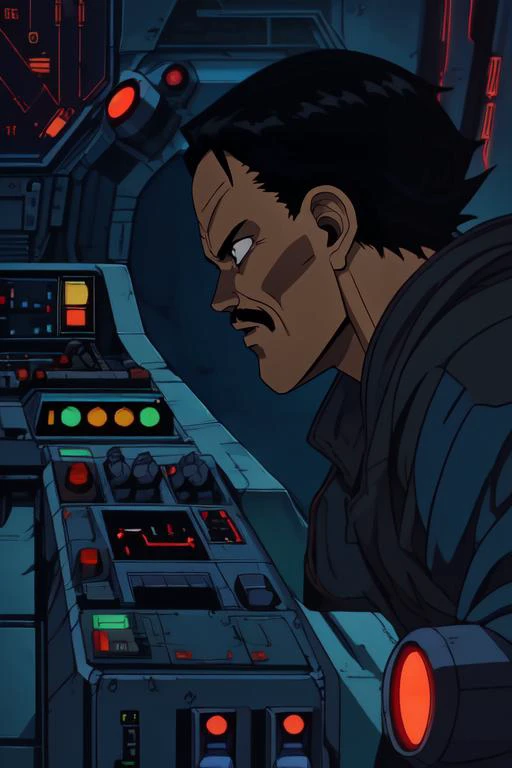 a frame of a animated film of a man looking at a control panel, his face in profile is illuminated by blinking dark blue light,dials, tubes, readouts, flashing red buttons, animated displays , style akirafilm <lora:Akira_Style:1>