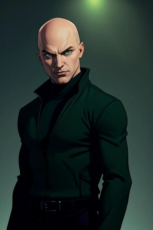 masterpiece, best quality, 
lex luthor, bald, green eyes, green jacket, black shirt, turtleneck, brown pants, upper body, cityscape background