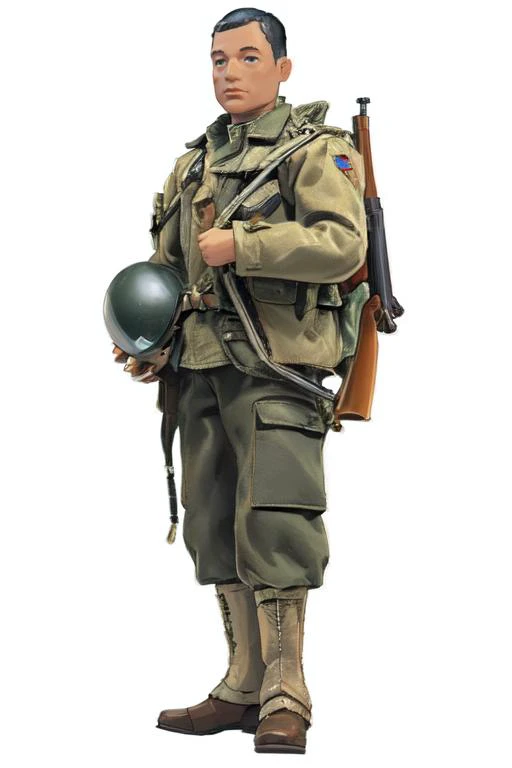 <lora:GI-Joe:1> GI-Joe, a toy man wearing army uniform, jacket, pants, boots, rifle, holding helmet