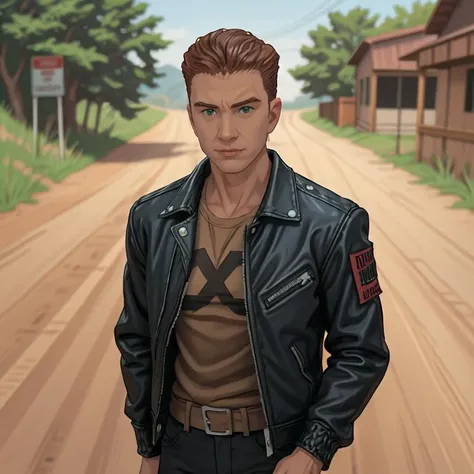 <lora:Chad:1> Chad as a big mean punk, leather jacket, on a red dirt road side, looking at viewer