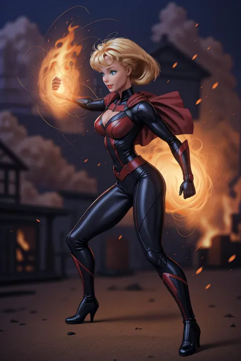 RAW photo, best quality,  <lora:Barbie_Doll:1> Barbie as superhero, black widow, red and black suit, fighting stance, red sky, fire, explosions