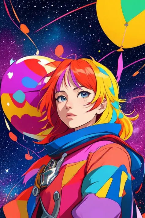 masterpiece, best quality, bold, colorful, anime, illustration. portrait, solo, cowboy shot, looking at viewer, detailed background, detailed face, 1girl, birthday, balloons, confetti, colourful, explosion of color, in space, stars