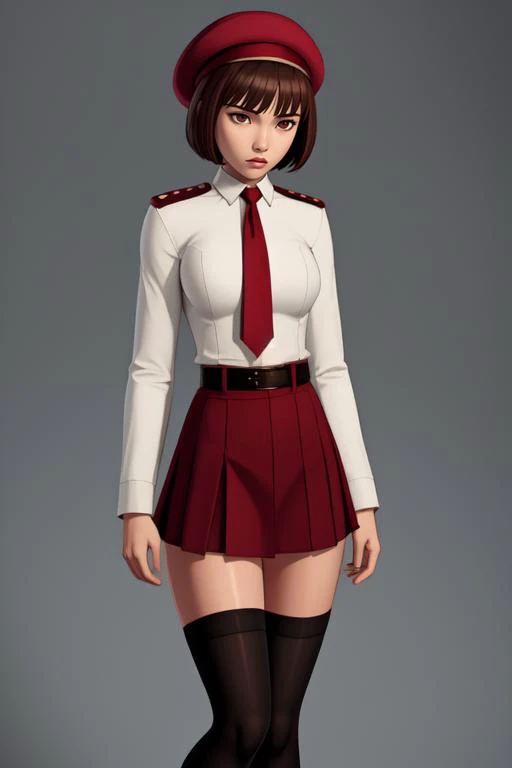 (masterpiece, best quality:1.2), <lora:aka6:1>, aka6, 1girl, solo, thighhighs, hat, necktie, skirt, short hair, brown hair, zettai ryouiki, uniform, headwear removed, belt