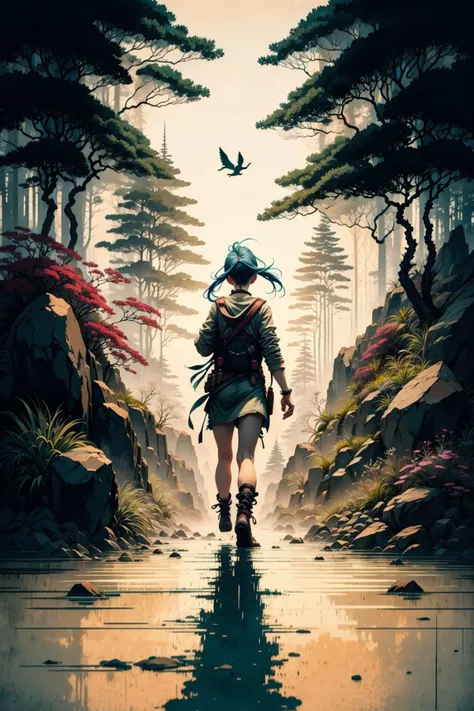 jinx walking in the forest, best quality, masterpiece <lora:ink-0.1-3-b28-bf16-D128-A1-1-ep64-768-DAdaptation-cosine:1> <lora:JinxLol:1>