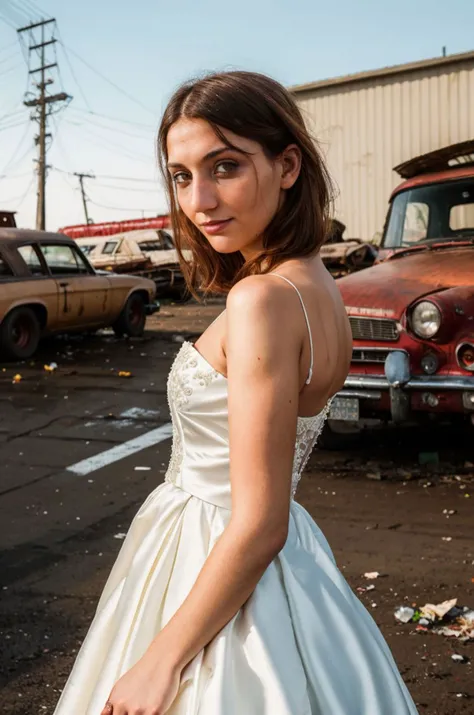 A stunning intricate full color picture of a beautiful woman, wearing a a wedding dress, junkyard, closeup,, epic character composition,by ilya kuvshinov, alessio albi, nina masic,sharp focus, subsurface scattering, f2, 35mm, film grain, latina <lora:Jimen...