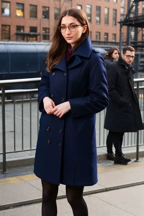 A stunning intricate full color portrait of  a beautiful woman, wearing  a navy blue coat, Revered High Line, NYC, spectators, glasses, epic character composition,by ilya kuvshinov, alessio albi, nina masic,sharp focus, subsurface scattering, f2, 35mm, fil...