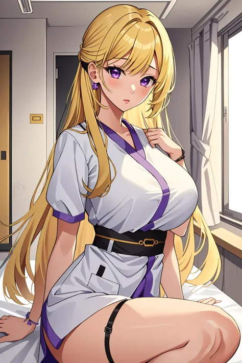 ((masterpiece, best quality, high quality)),1girl, (hospital), <lora:infirmary_v0.1:0.5> infirmary,  <lora:Kimiko Shimoto:0.7> (kimiko shimoto, 1girl, solo, long hair, bangs, blonde hair, purple eyes, jewelry, large breasts),