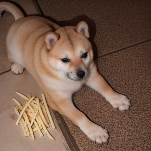 puppy laying on the floor next to a pile of french fries