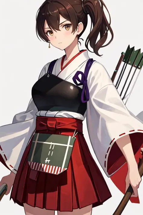 best quality, masterpiece, highres, solo, {white kimono:1.35}, {red hakama:1.35}, {wide sleeves:1.20}, {kaga_kantaicollection:1.15}, brown_hair, side_ponytail, brown_eyes, short_hair, breasts, long_hair