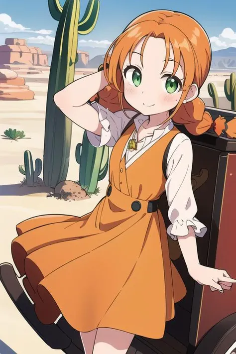 masterpiece,best quality,ultra detail, 1girl,petite,close up, orange hair, twin braids,blush, green eyes, yellow dress, skirt, white sleeves, red pendant,smile, outdoors, desert, <lora:wendy Garret:0.8>,rock,western horse carriage,cactus,old handgun