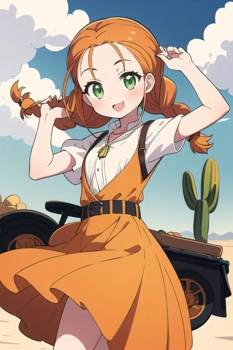 masterpiece,best quality,ultra detail, 1girl,petite,close up, orange hair, twin braids,blush, green eyes, yellow dress, skirt, white sleeves, red pendant,smile, outdoors, desert, <lora:wendy Garret:0.8>,rock,western horse carriage,cactus,old handgun