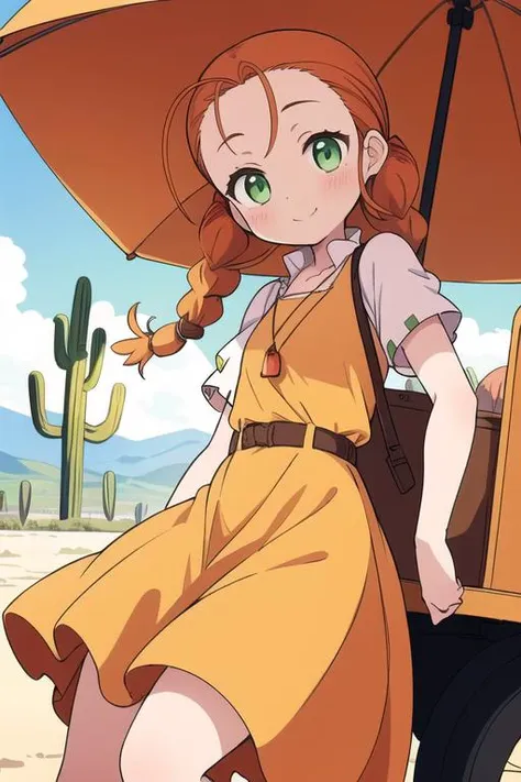 masterpiece,best quality,ultra detail, 1girl,petite,close up, orange hair, twin braids,blush, green eyes, yellow dress, skirt, white sleeves, red pendant,smile, outdoors, desert, <lora:wendy Garret:0.8>,rock,western horse carriage,cactus