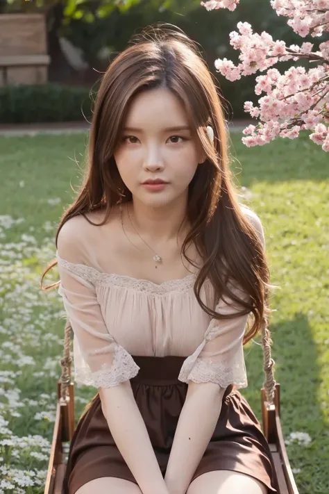 a woman sitting on a swing in a park with a cherry tree