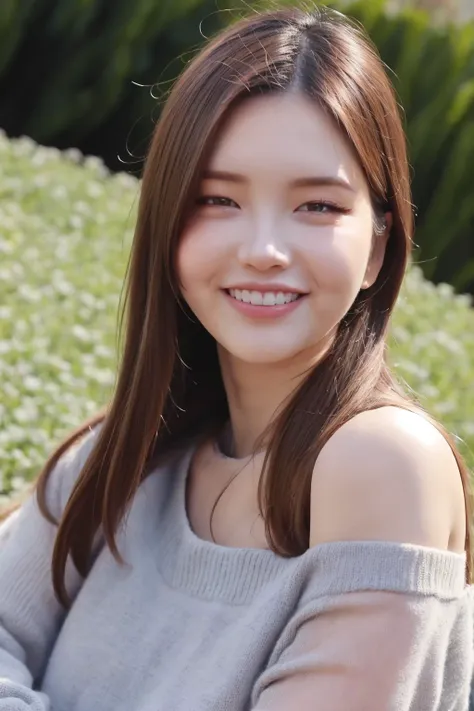 a close up of a woman sitting on a bench in a park