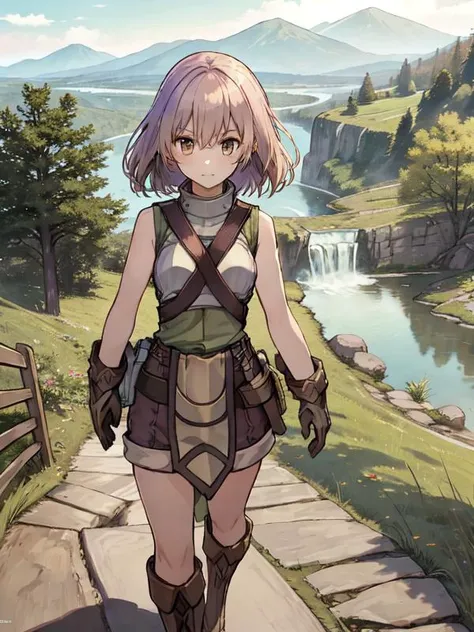 (masterpiece, top quality, best quality, official art, beautiful and aesthetic:1.2), 1 girl,
As dawn breaks over the enchanting virtual world, a charming 17-year-old girl with flowing lavender hair, styled in elegant waves, stands atop a hill overlooking a...