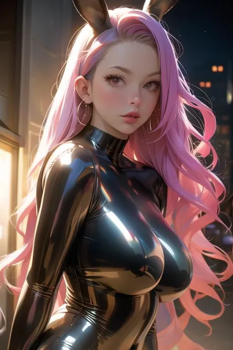 a woman in a cat suit with pink hair and ears