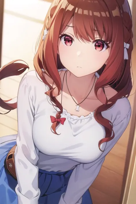 miyakoshirakawa, <lora:miyako shirakawa s1-lora-nochekaiser:1>,
miyako shirakawa, long hair, bow, brown hair, (red eyes:1.3), braid, hair bow, wavy hair,
BREAK skirt, shirt, long sleeves, jewelry, white shirt, frills, belt, necklace, blue skirt, frilled sk...