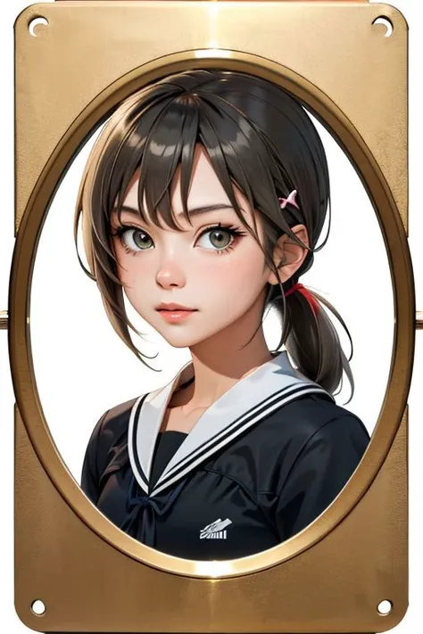 a girl with a ponytail in a sailor outfit is looking into the camera