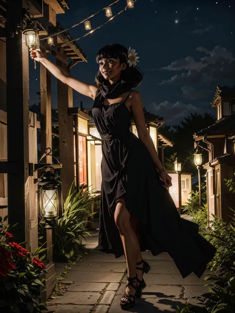 arafed woman in a black dress holding a lantern in a courtyard