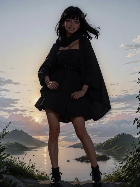 a woman in a black dress and black boots standing on a rock