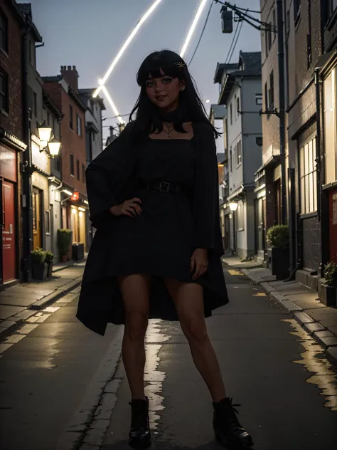 arafed woman in a black dress and coat standing on a street