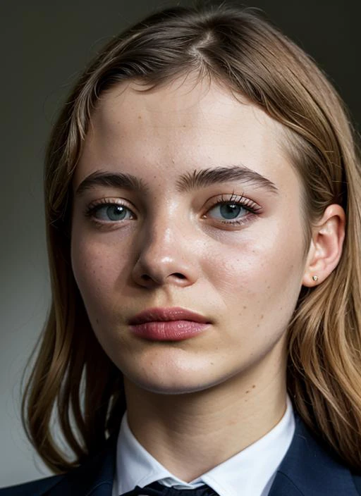 A stunning intricate color close up portrait of (sks woman:1) , wearing Suit and tie, epic character composition, sharp focus, natural lighting, subsurface scattering, f2, 35mm, film grain, , by William Eggleston, <lora:lora-small-freya-allen-v1:1>