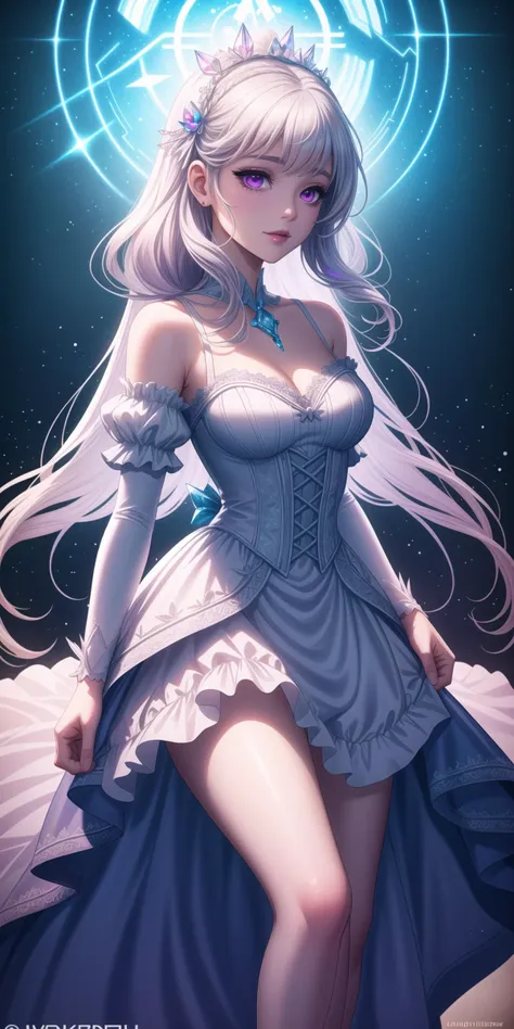 a woman in a dress with long white hair and a crown on her head