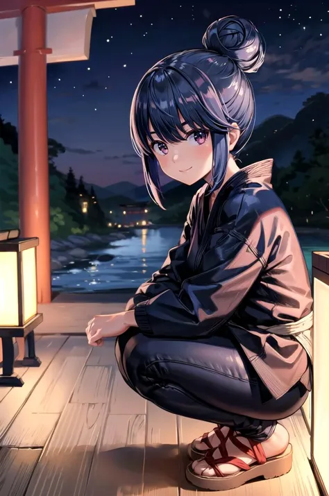 anime girl kneeling on a wooden platform with a lantern in the background