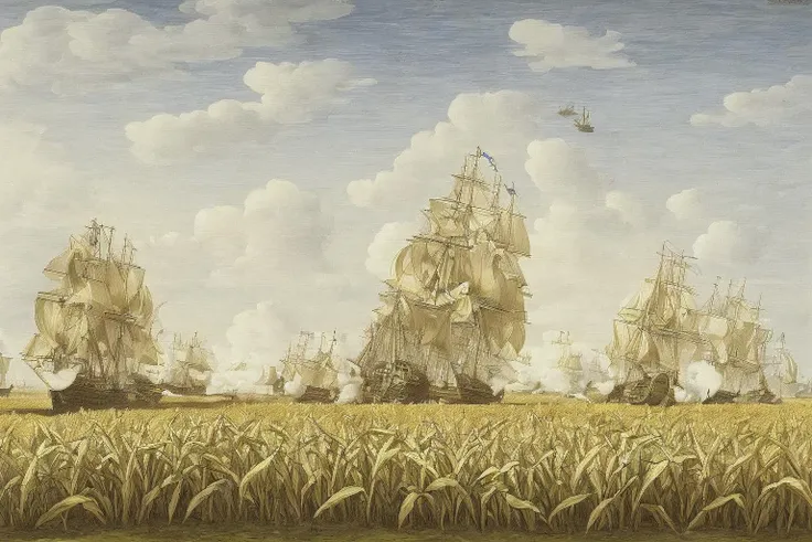 <lora:Age_Of_Sail_Battle_Painting:1> a naval battle in a cornfield