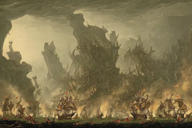 <lora:Age_Of_Sail_Battle_Painting:1> a naval battle in Dantes Inferno